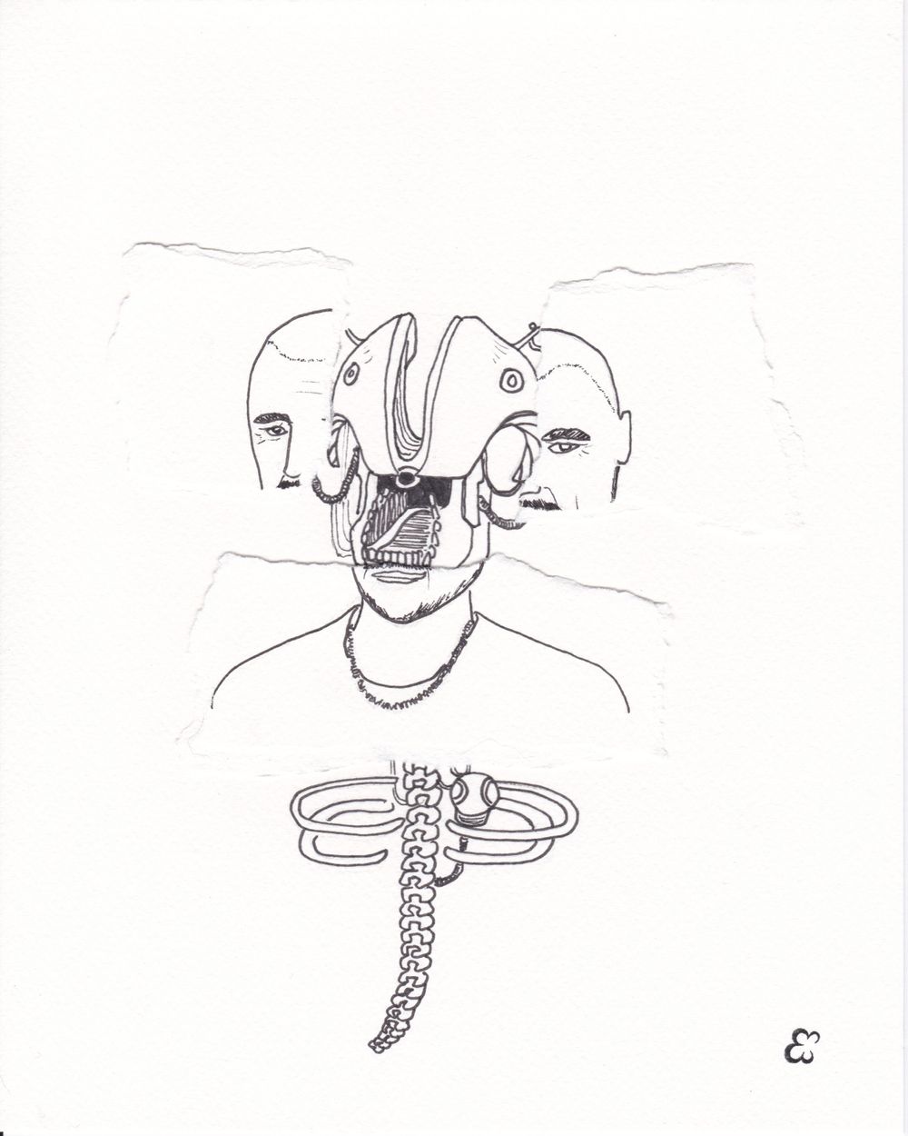 A surreal sketch of a split face with mechanical and organic elements.