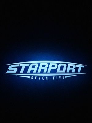 Multiple variations of a glowing blue sci-fi text logo design for 'STARPORT' in a retro digital style.