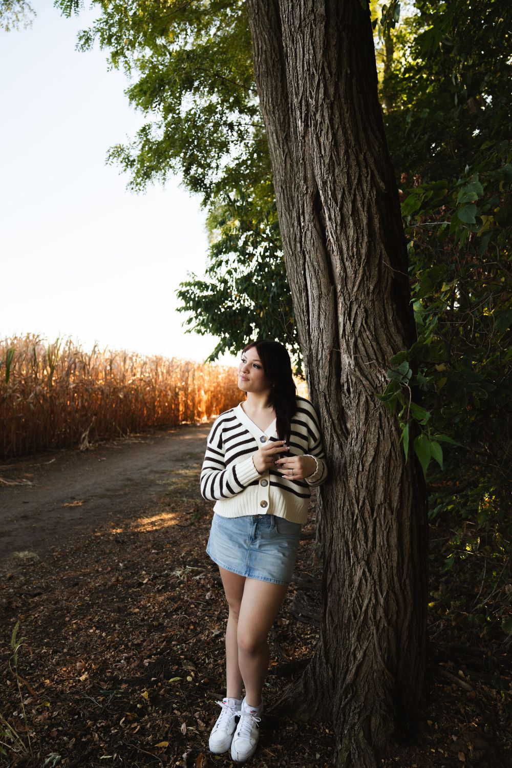 Young woman in striped cardigan and denim skirt leaning against a tree near a cornfield at golden hour.