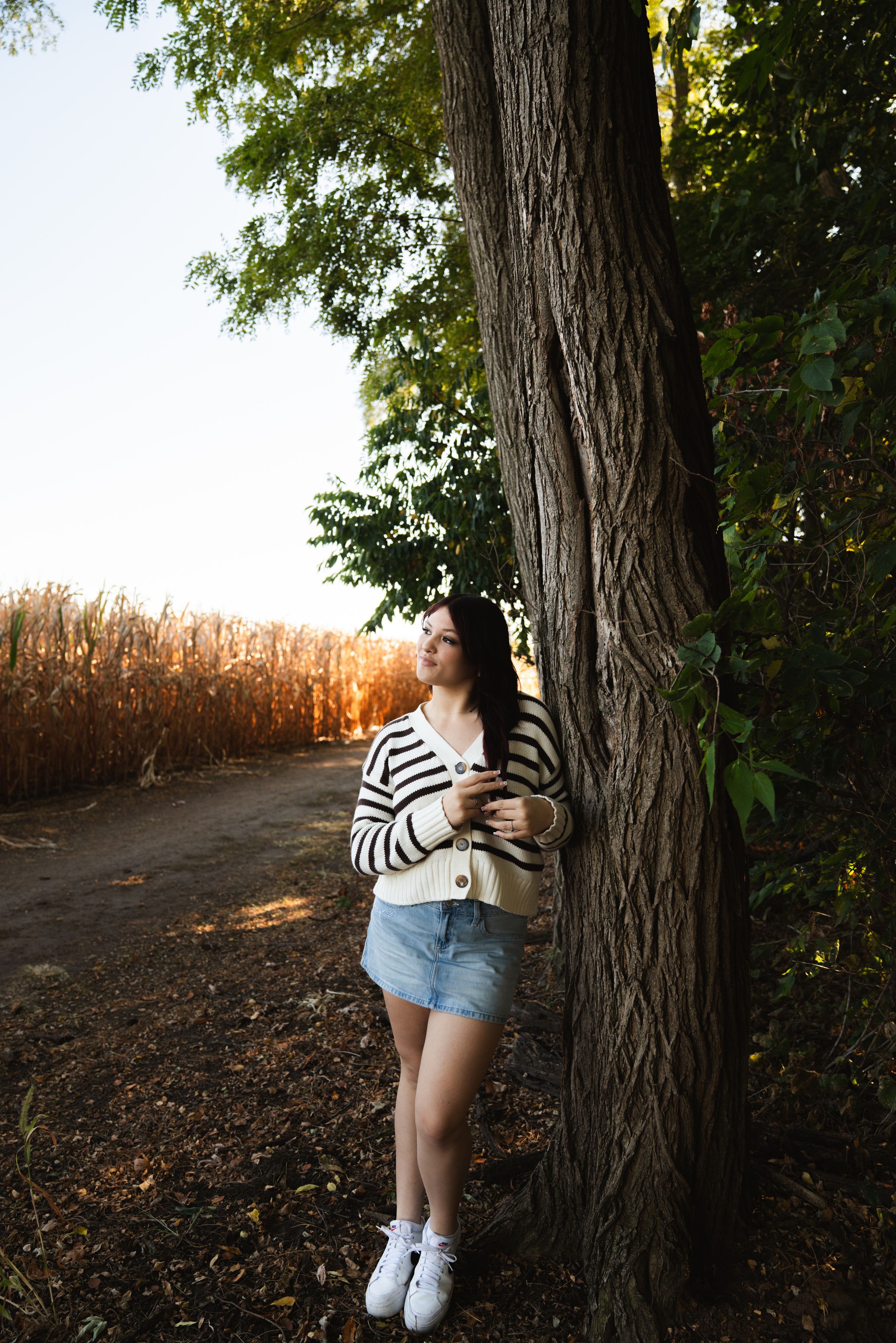 Young woman in striped cardigan and denim skirt leaning against a tree near a cornfield at golden hour.