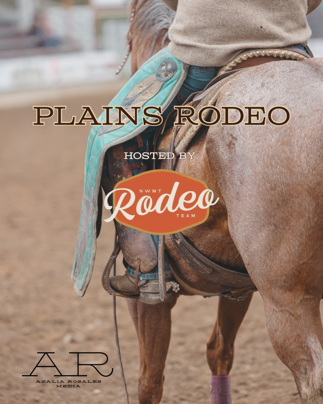 Close-up of a rider on a chestnut horse with a turquoise saddle at Plains Rodeo hosted by NWMT Rodeo Team.