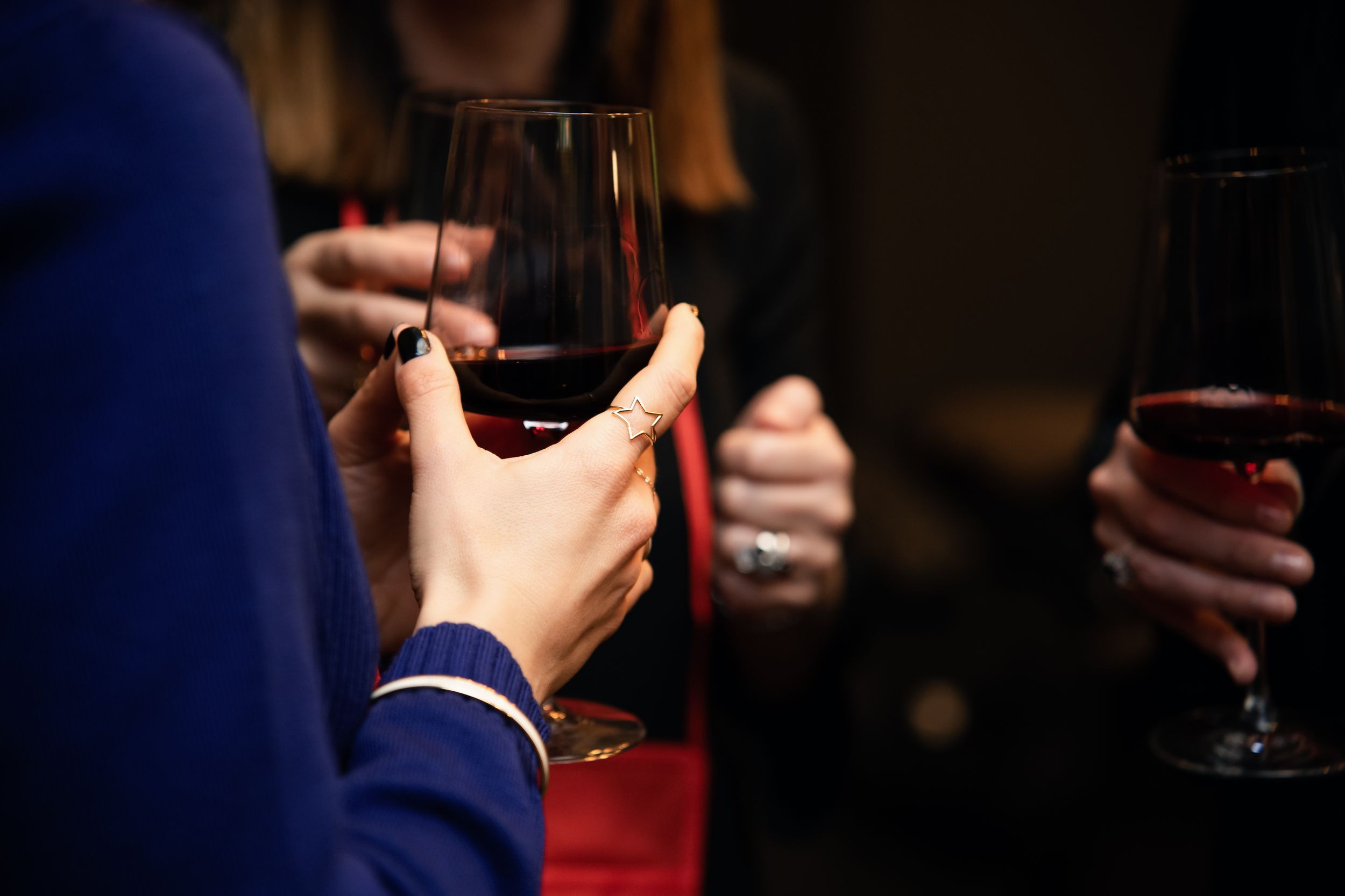 Close-up of guests holding red wine glasses at an elegant social gathering or wine tasting event.