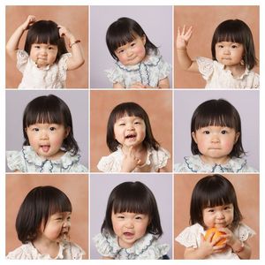 Collage of nine expressive portraits of a cute toddler girl with bangs showing various emotions and facial expressions.