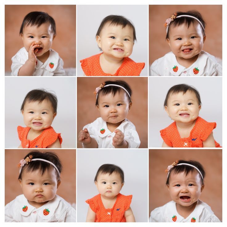 A collage of nine adorable baby photos featuring a smiling infant in an orange strawberry outfit and white headband.