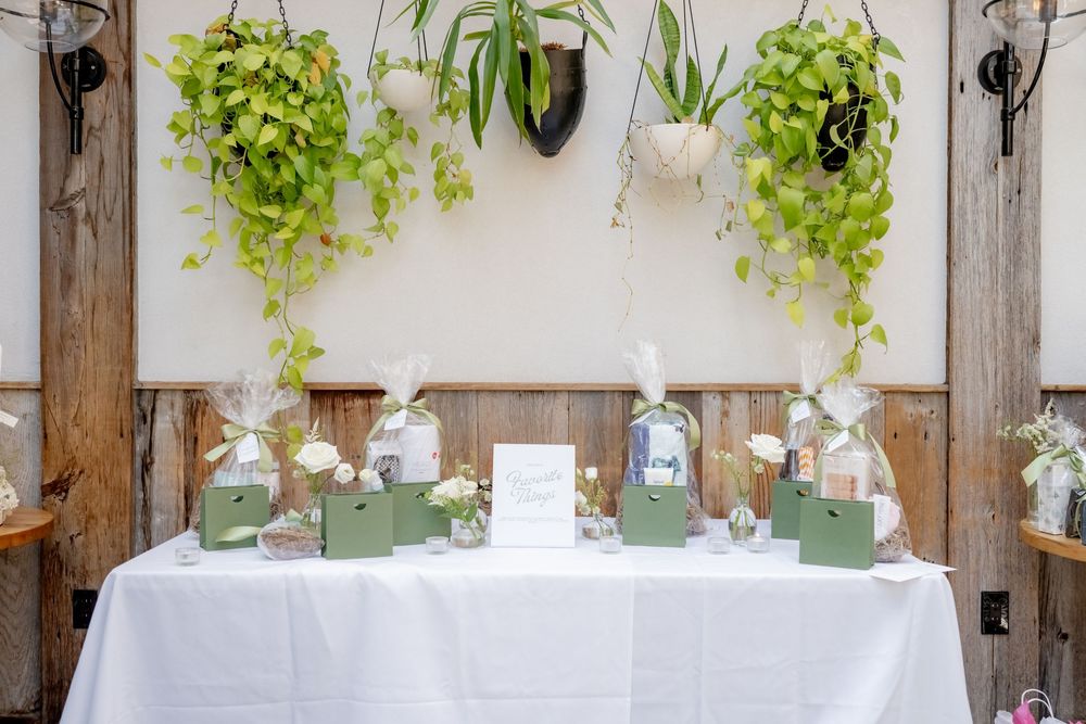 Elegant wedding gift table with white tablecloth, wrapped presents, and lush hanging green plants against rustic wooden wall.