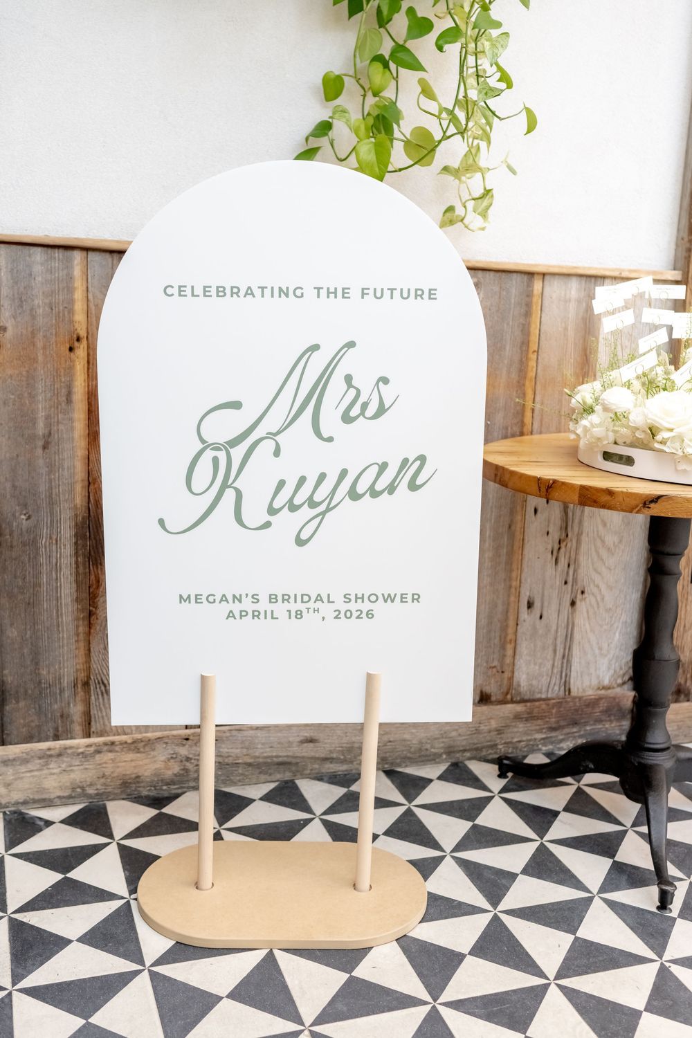 Elegant bridal shower welcome sign celebrating the future Mrs. Kuyan, Megan's bridal shower April 18th 2026.