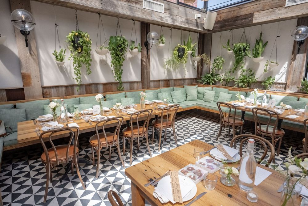 Elegant restaurant dining room with mint green banquettes, bentwood chairs, geometric tile floors, and lush hanging greenery decor.