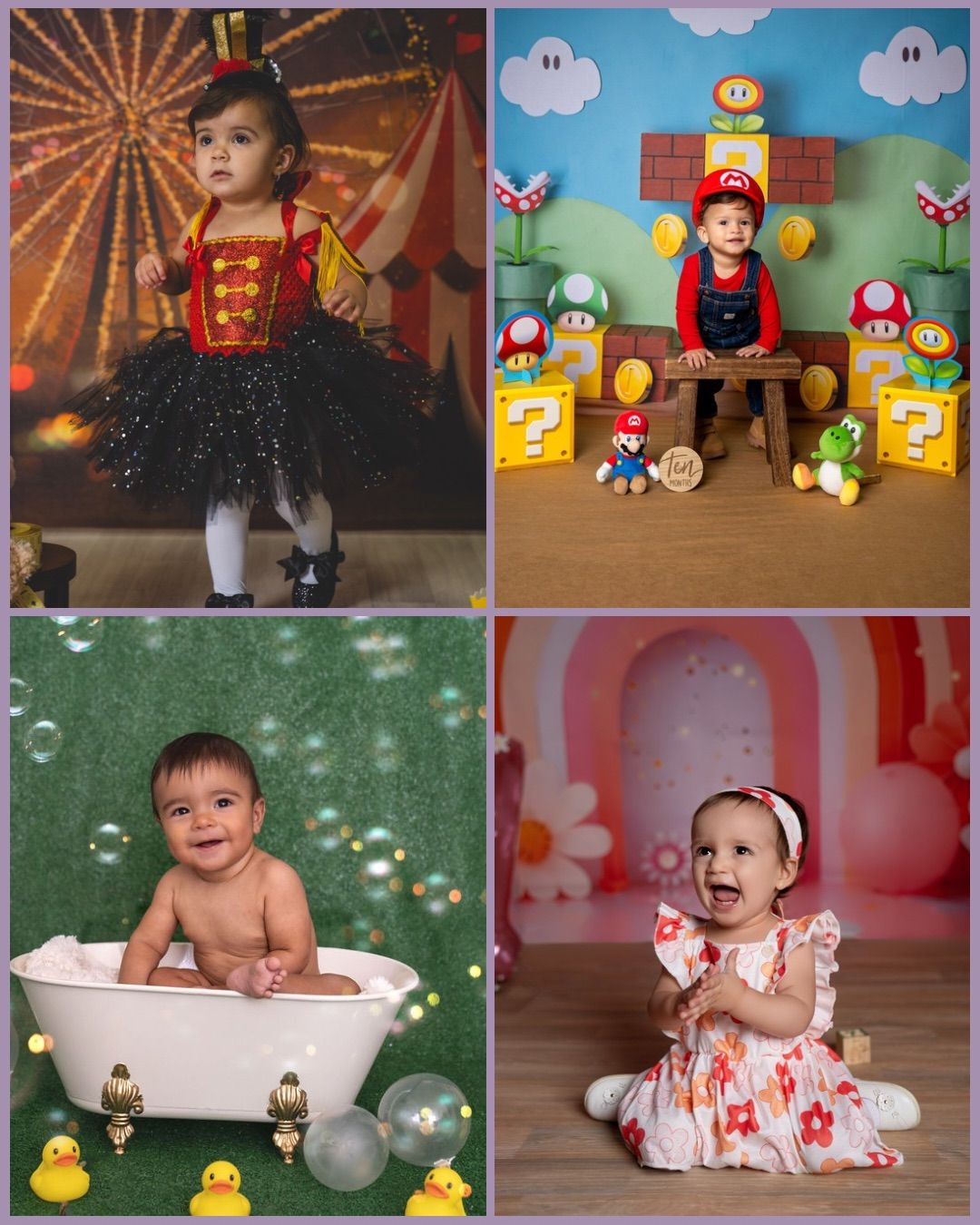 Collage of four baby photos with themed backdrops: circus, Super Mario, bubble bath, and floral spring settings.