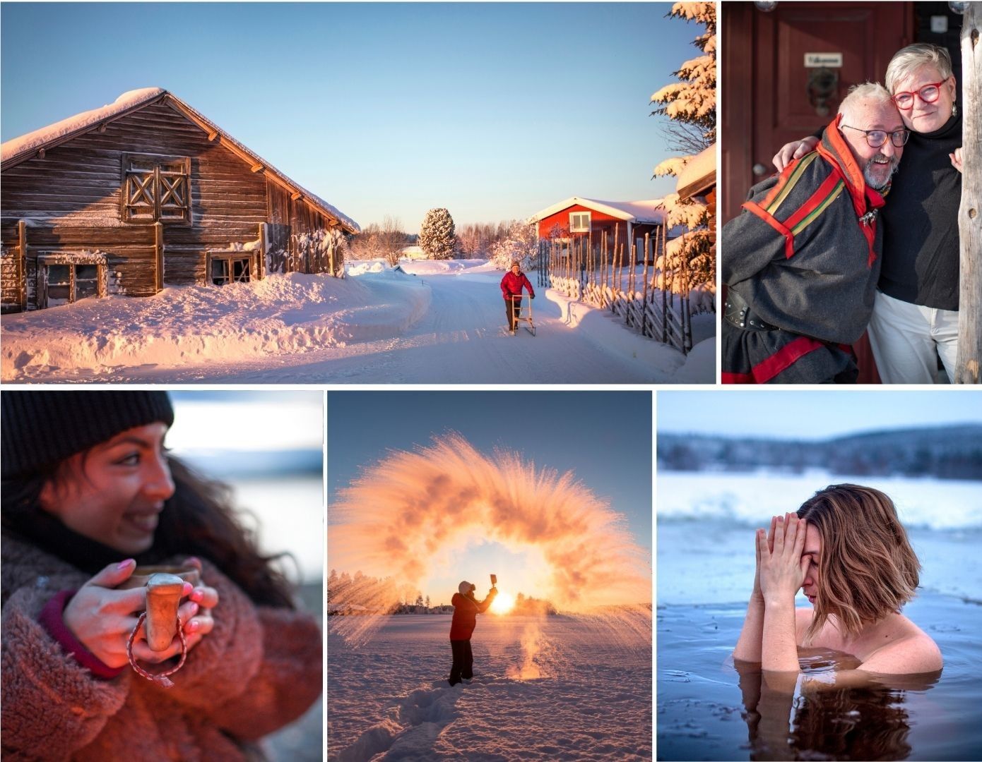 Collage of winter scenes in Lapland featuring snowy village, couple in Sami attire, hot drink, boiling water toss, and ice swimming.