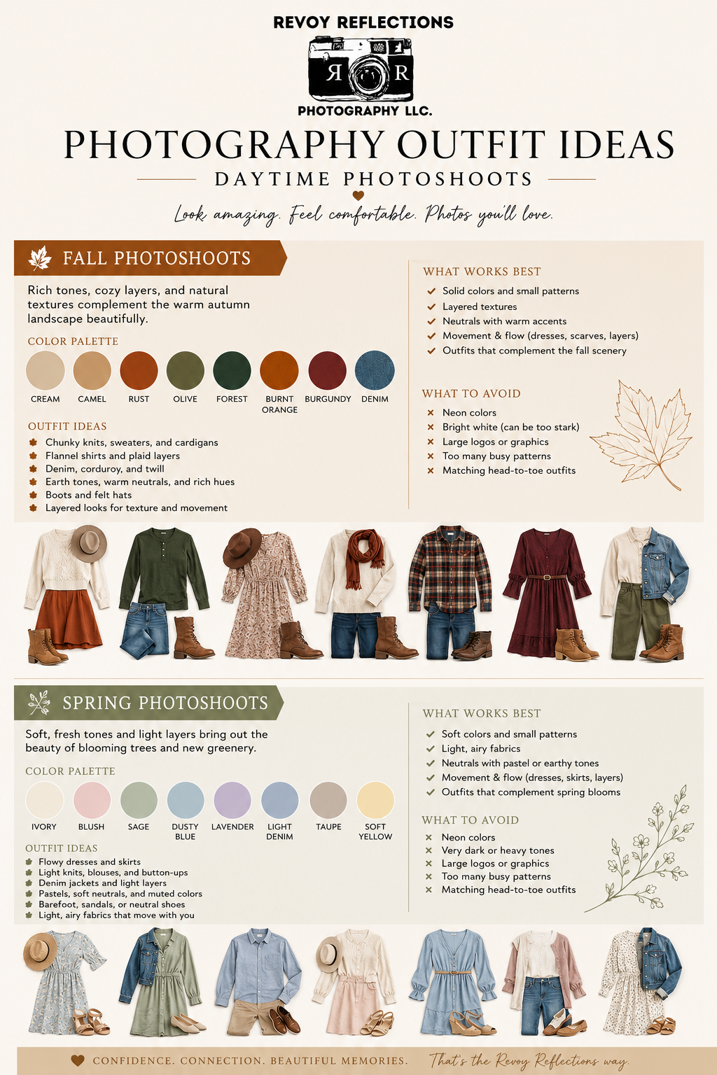 Photography outfit ideas guide for daytime photoshoots featuring fall and spring color palettes, clothing suggestions, and styling tips.