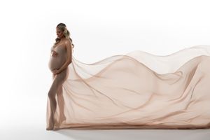 Artistic nude maternity silhouette with flowing sheer fabric in soft beige tones.