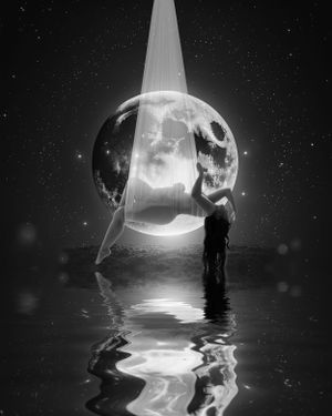Surreal artistic photo with silhouette against large moon reflection on water.