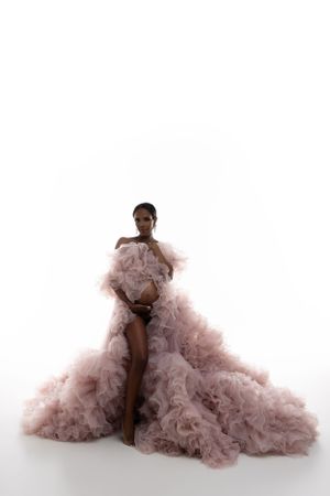 Elegant maternity portrait in a dramatic dusty rose tulle gown.