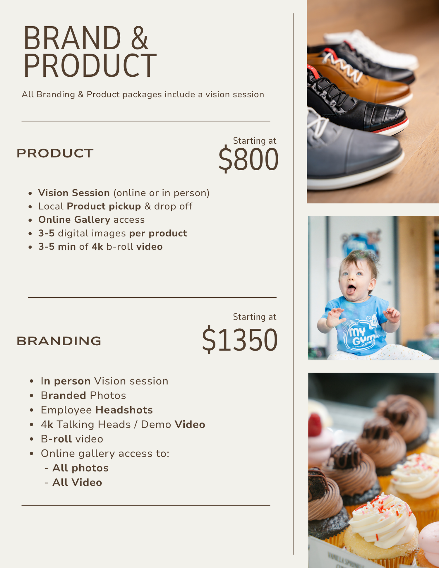 Colorful assortment of shoes, a smiling baby in a blue shirt, and chocolate cupcakes for brand photography.