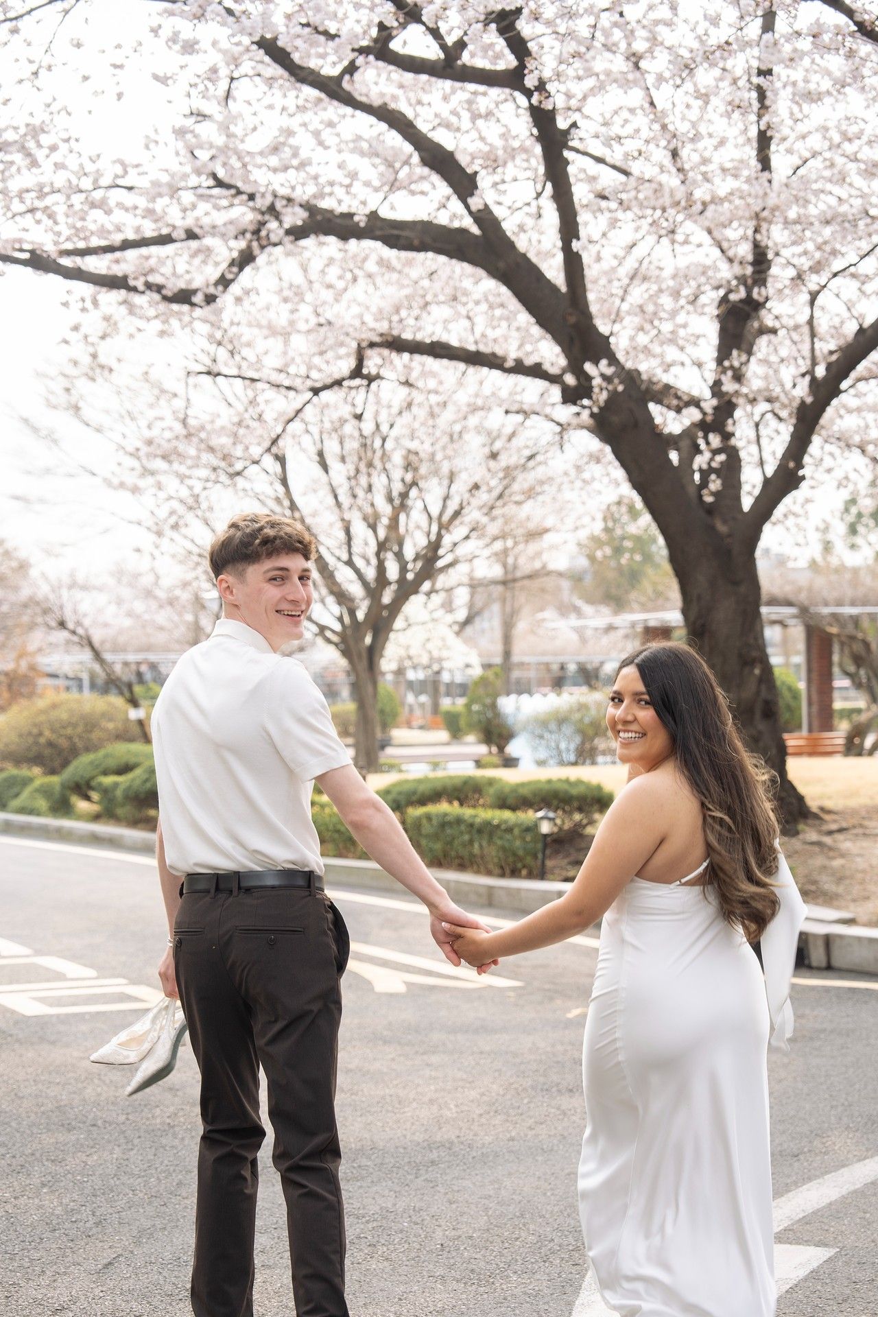 Couple holding hands under blooming cherry blossom trees, woman in white dress, man in white shirt and dark pants.