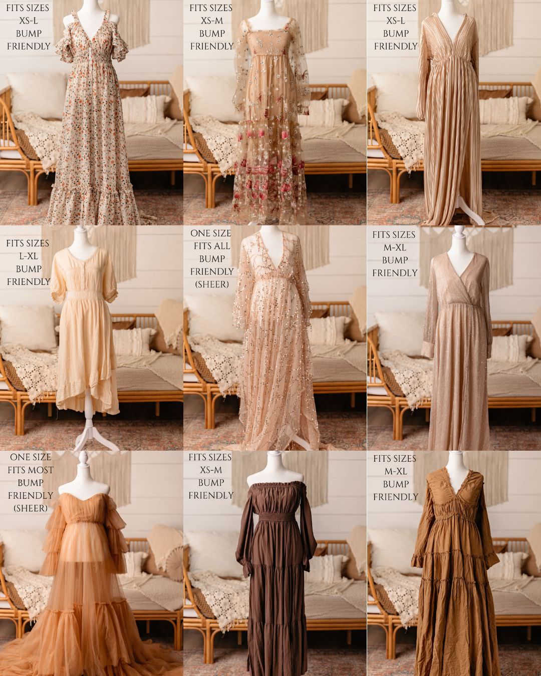Neutral maternity and motherhood dresses from the Anna Carreno Photography client closet in Magnolia, Texas.