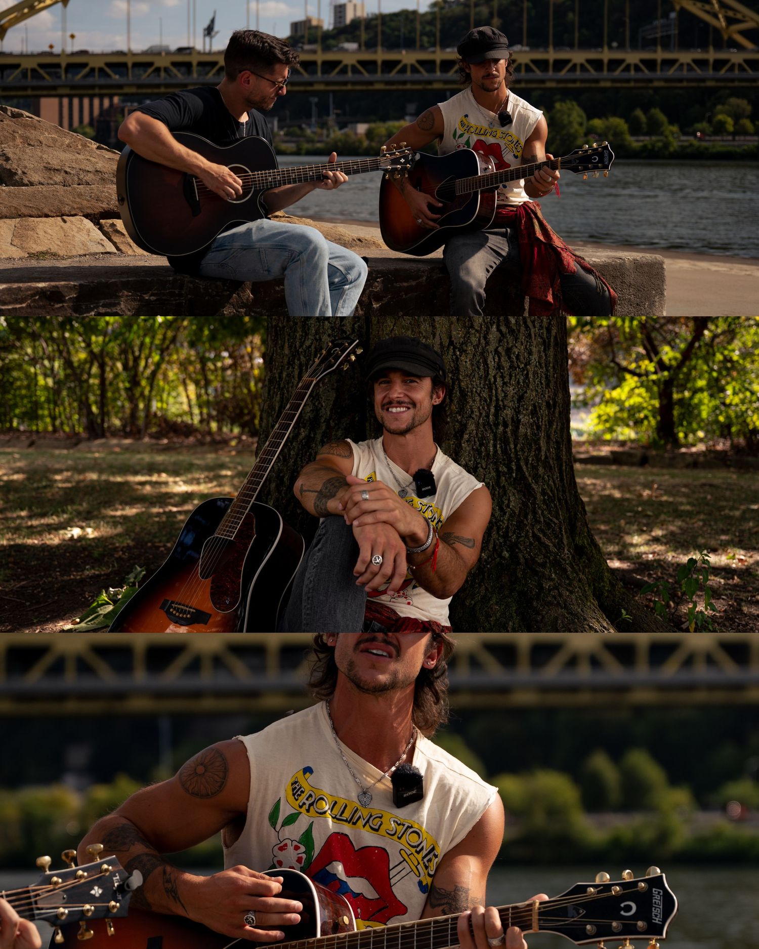 Musicians perform outdoors with acoustic guitars near a waterfront setting during a sunny day.