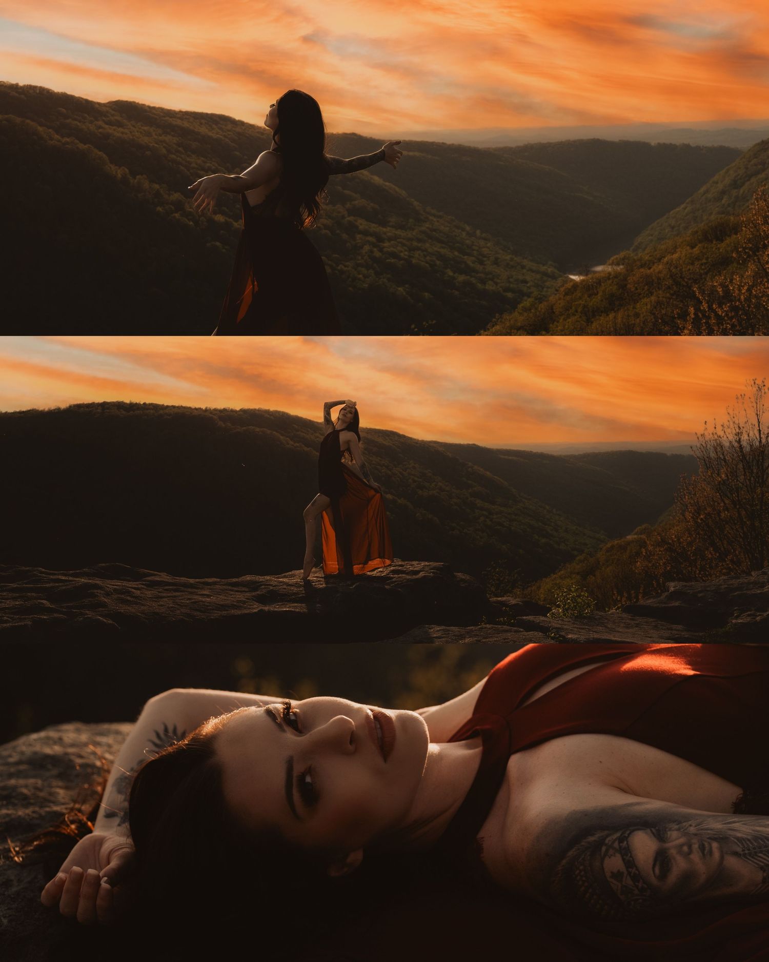 A person in a black dress poses on a rocky outcrop against a dramatic orange and red sunset sky.