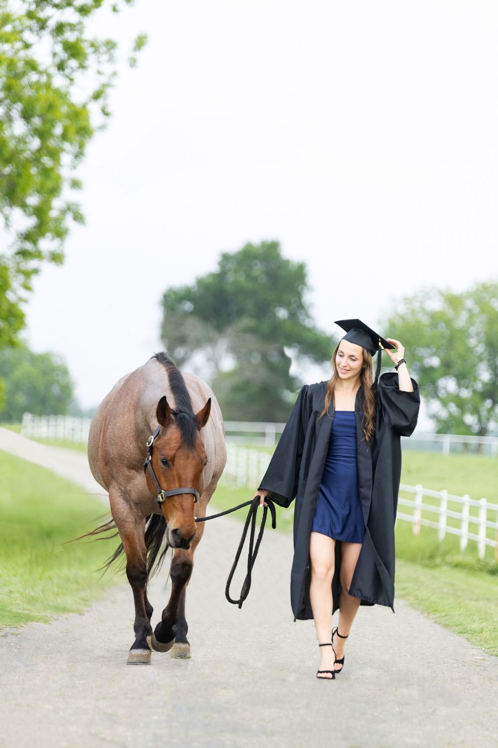college graduation portrait, girl wearing her cap and gown walking next to her horse