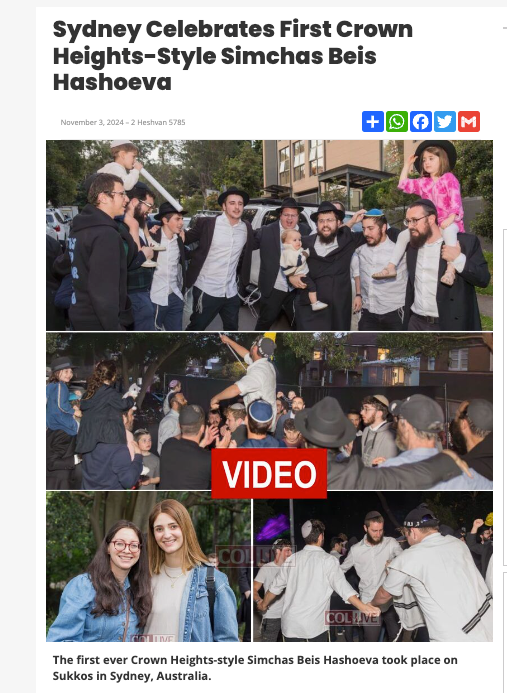 News article showing celebration images from Crown Heights-style event in Sydney.