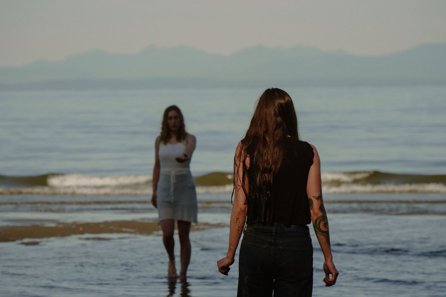 Two silhouettes standing apart on a beach at dusk with mountains visible on the horizon.