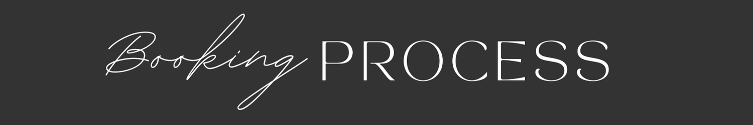 Black and white graphic design text reading "Booking Process" in a stylish combination of script and sans-serif fonts.