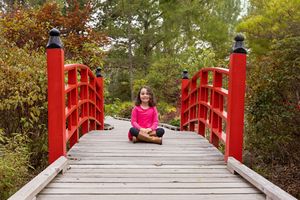 A person walks across a red-painted wooden footbridge surrounded by autumn foliage in a peaceful park setting.