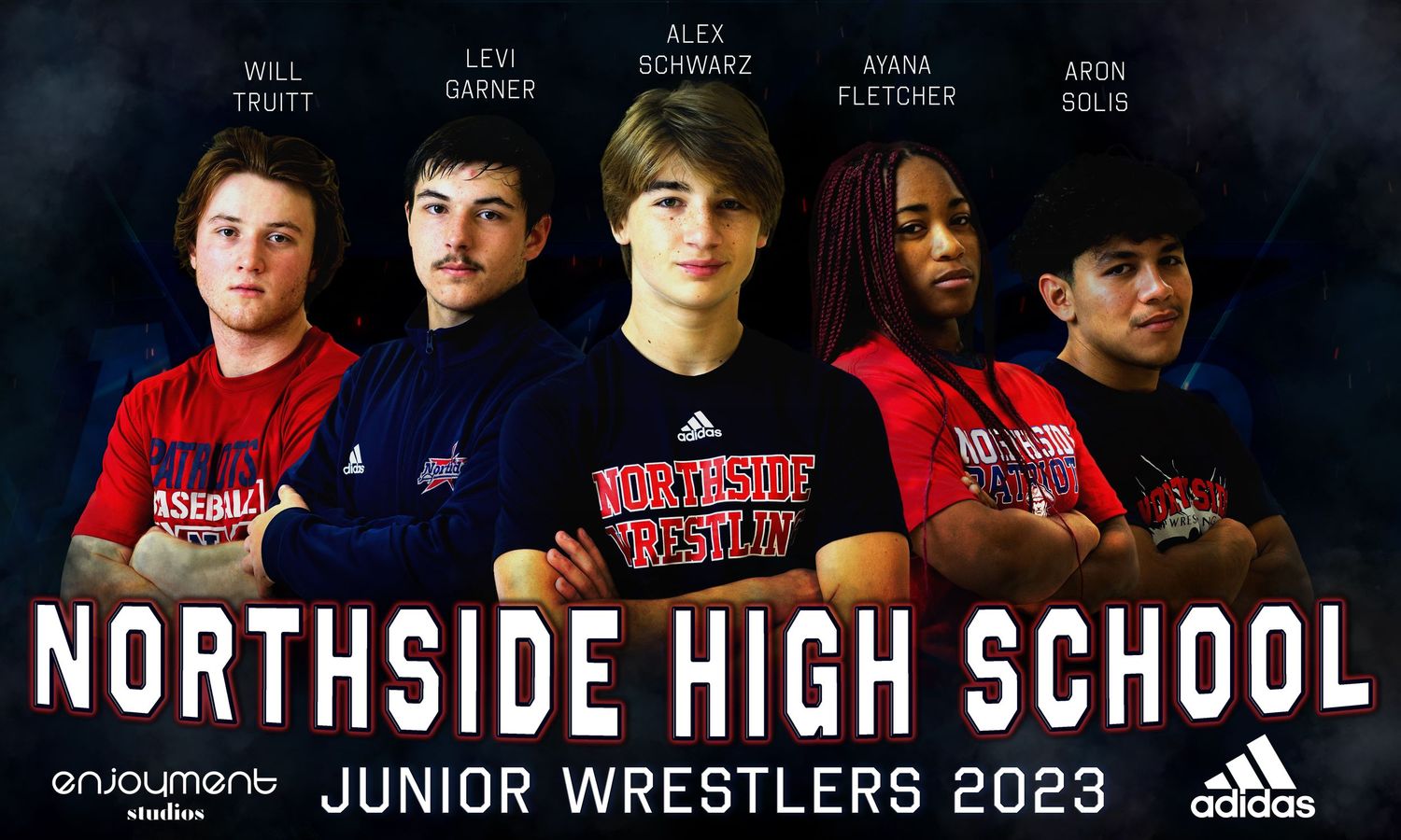 High school junior wrestling team promotional banner with five athletes in red and black uniforms against dark background.