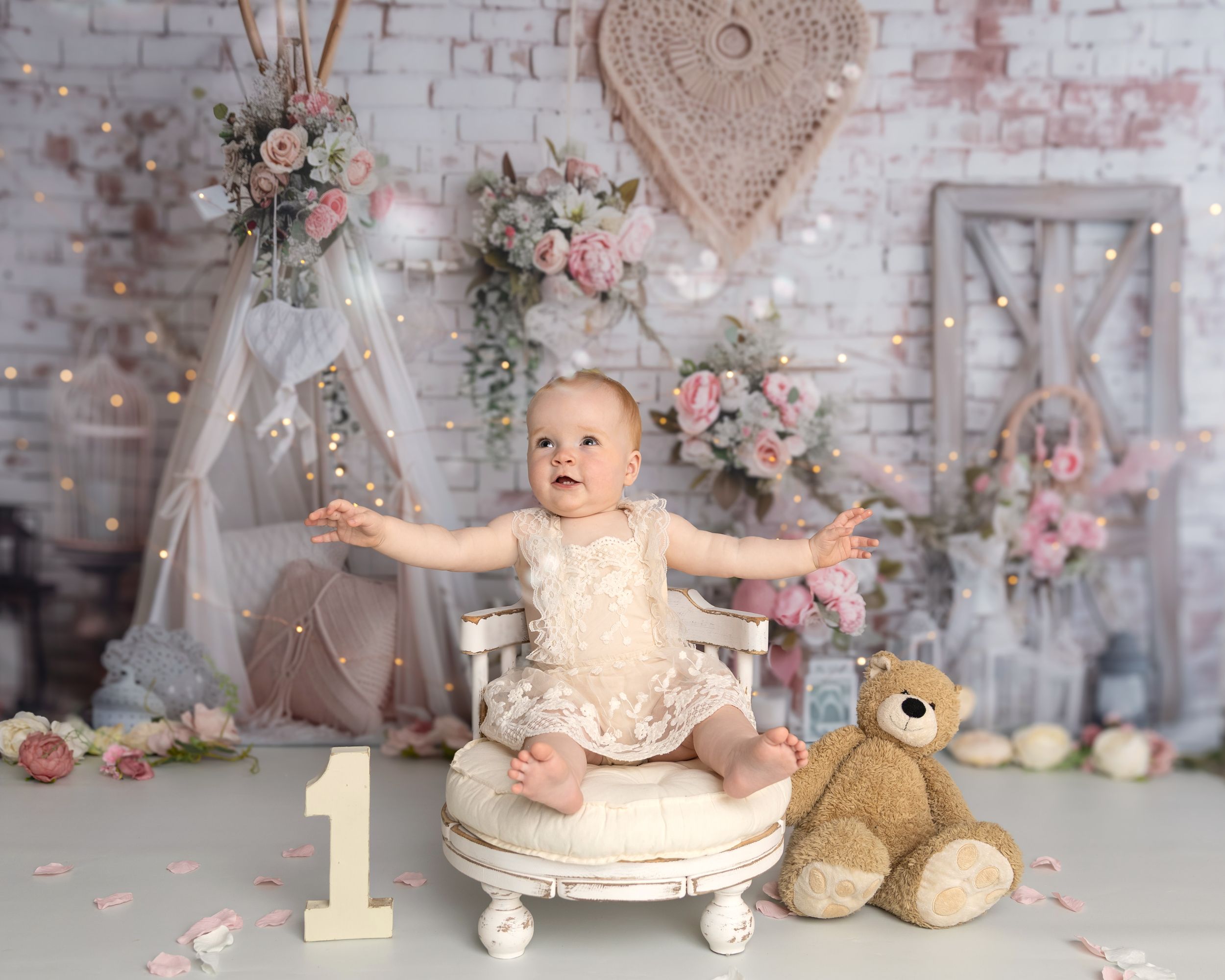 Picture of little girl at her cake smash celebrating one year old birthday party in Coventry