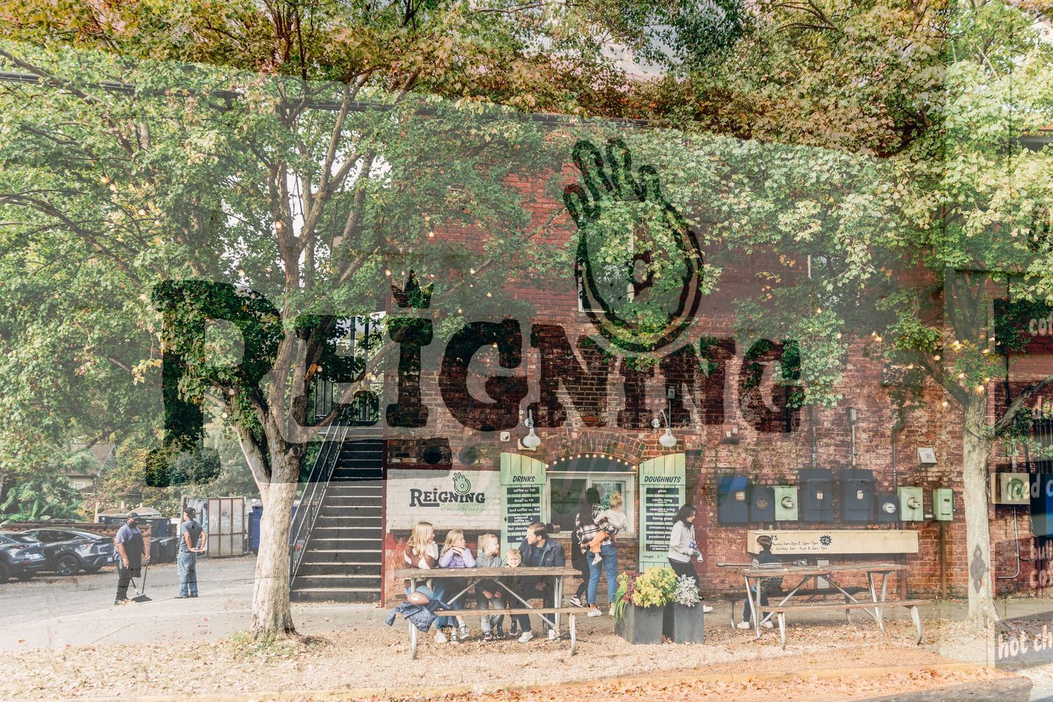 Panoramic view of a tree-lined path with benches and people relaxing on a sunny autumn day. A double exposure image with a logo over photo.