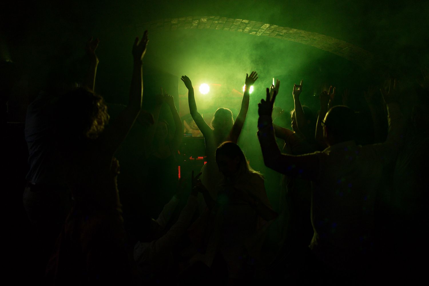 Silhouettes of party guests dancing under green atmospheric lighting.