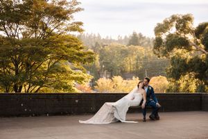 A wedding photoshoot sequence showing romantic moments in a scenic outdoor garden setting at sunset.
