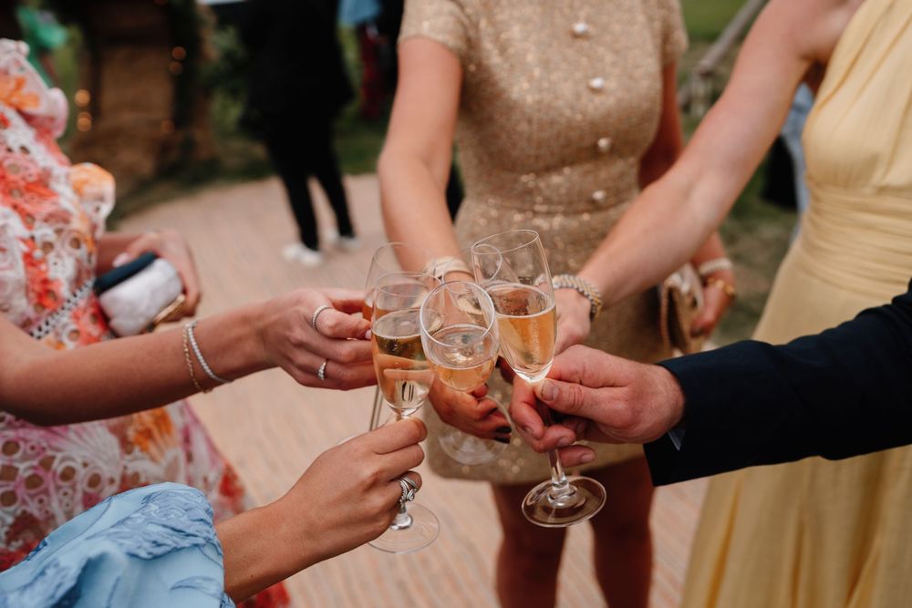 Group of wedding guests raising champagne glasses for a toast at an outdoor celebration.