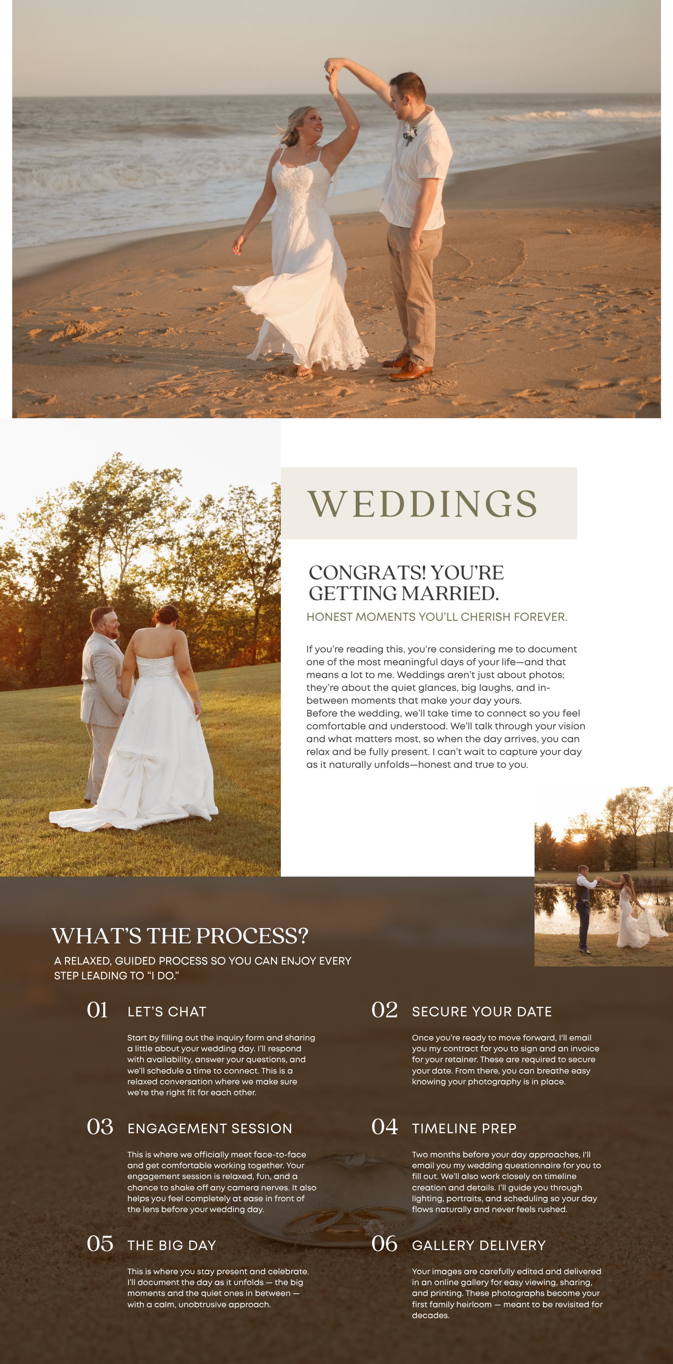 A collection of wedding photography website pages showing couples, process steps, and booking information against natural settings.