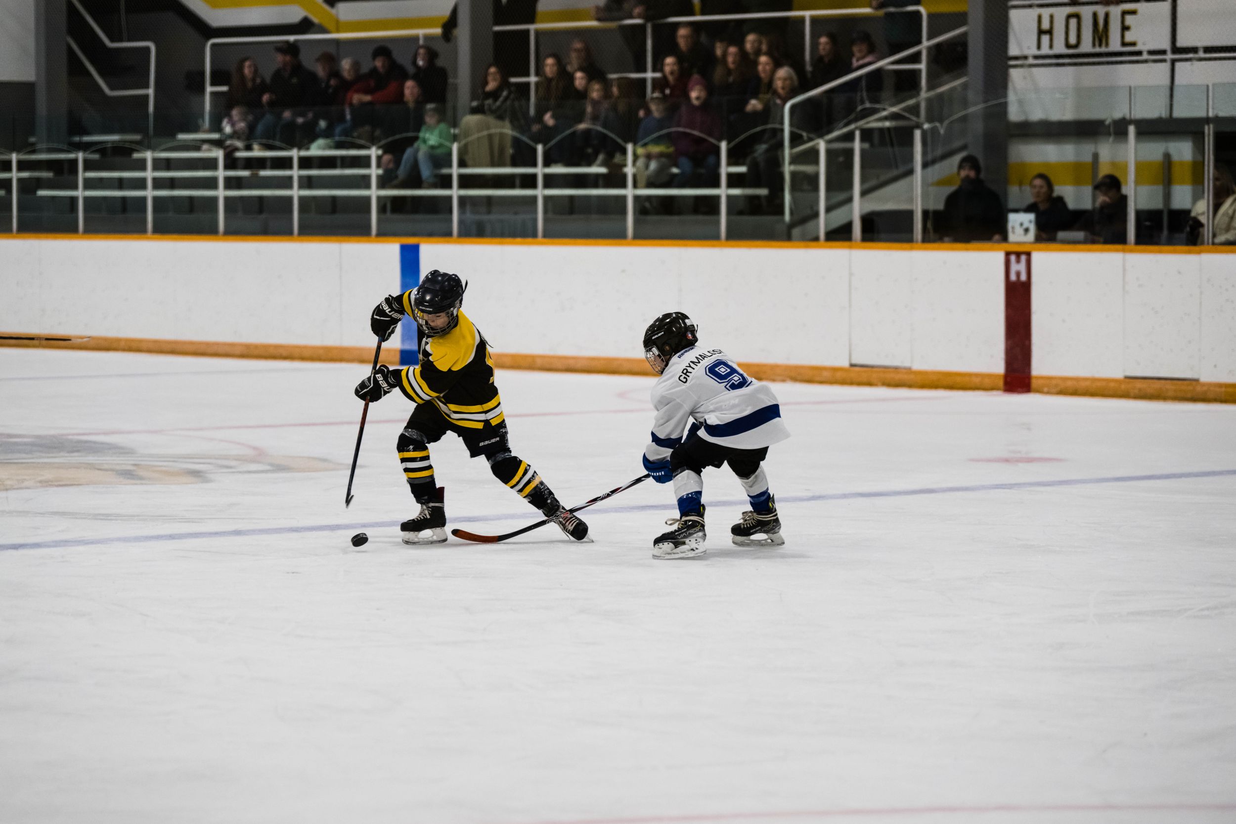 Hockey players in yellow and blue jerseys face off during an ice hockey match on a brightly lit indoor rink.