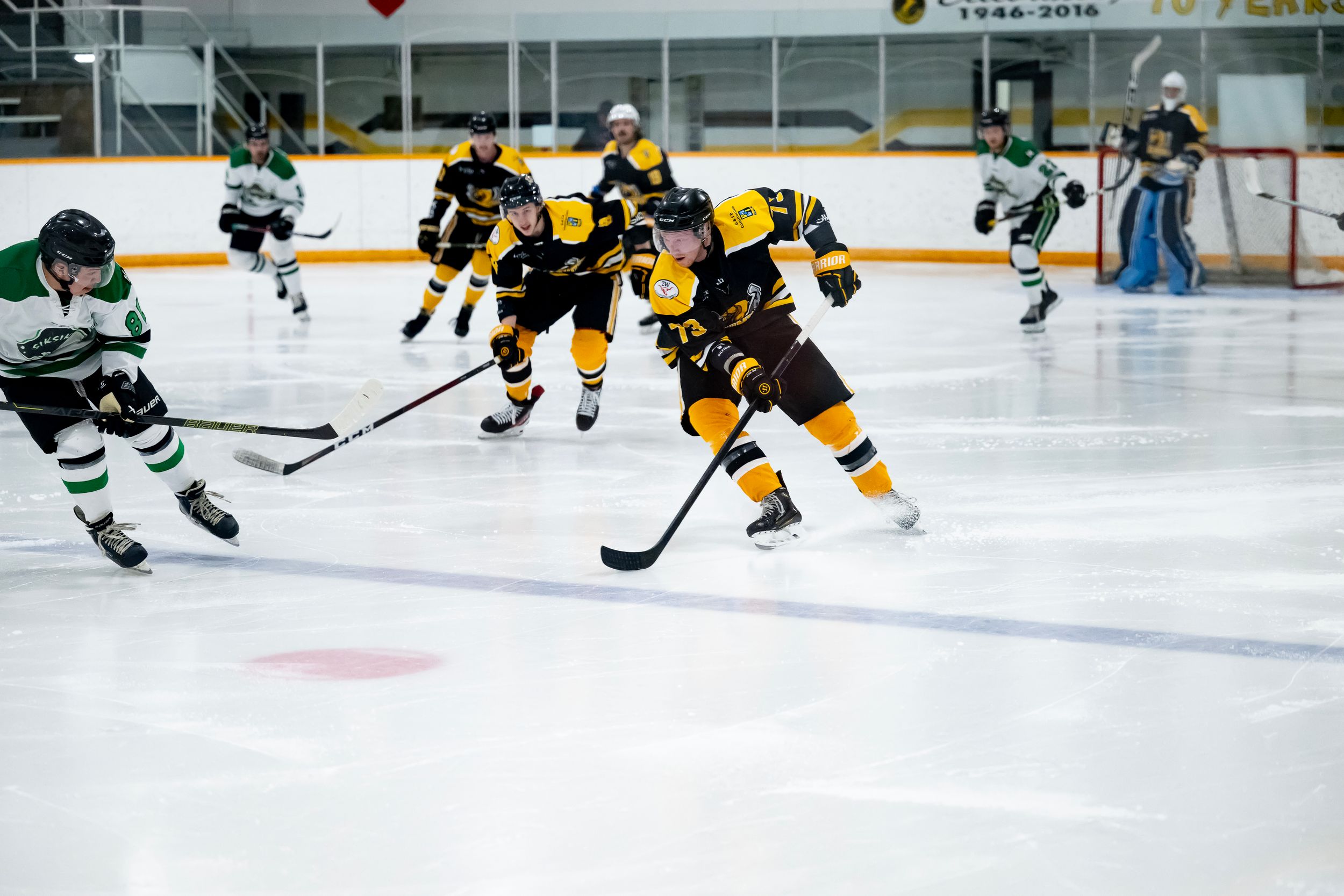 Ice hockey players in black and yellow jerseys compete against players in white and green jerseys during a game.