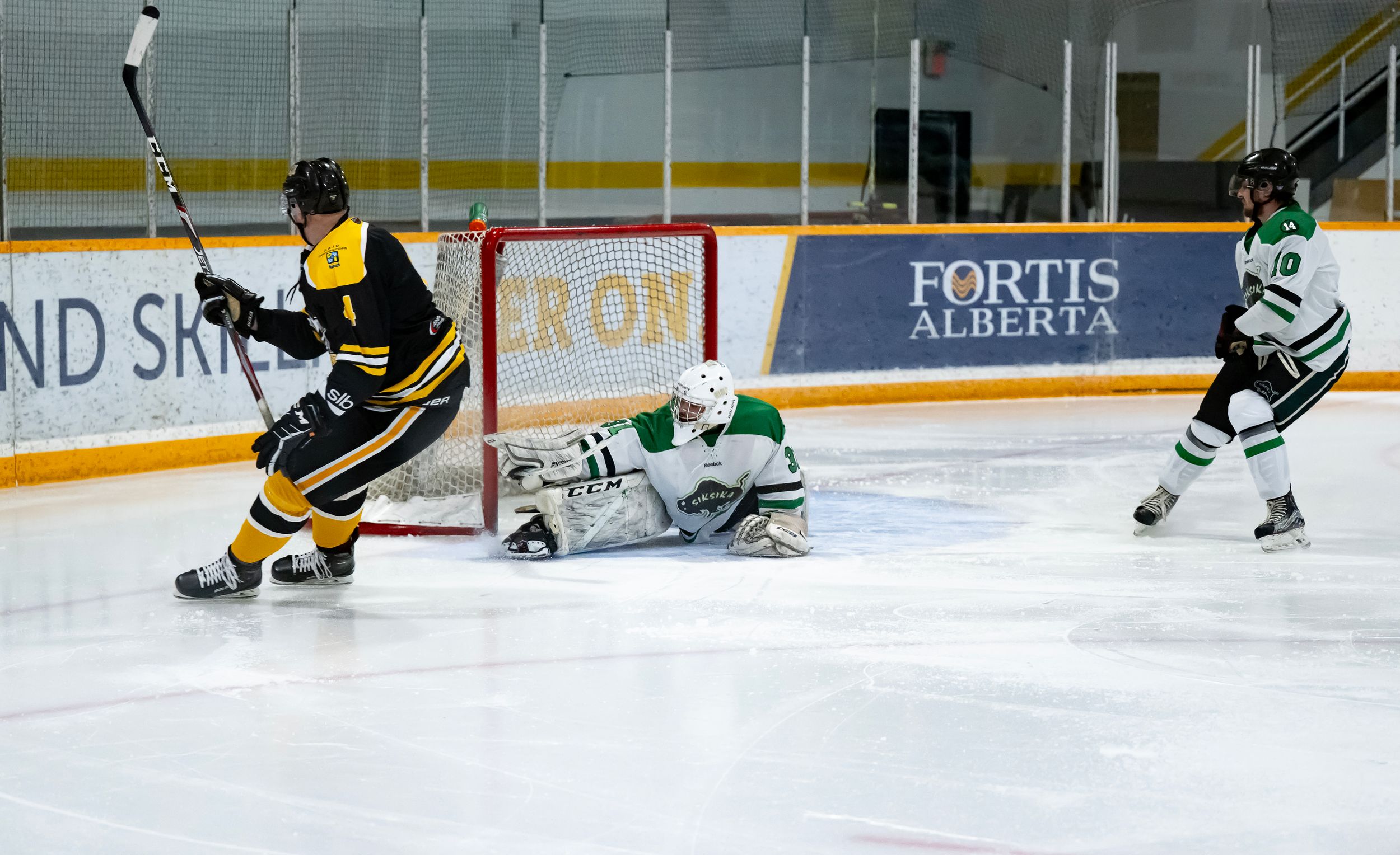 Hockey players compete on the ice during an intense game with a goalie defending the net and players in motion.