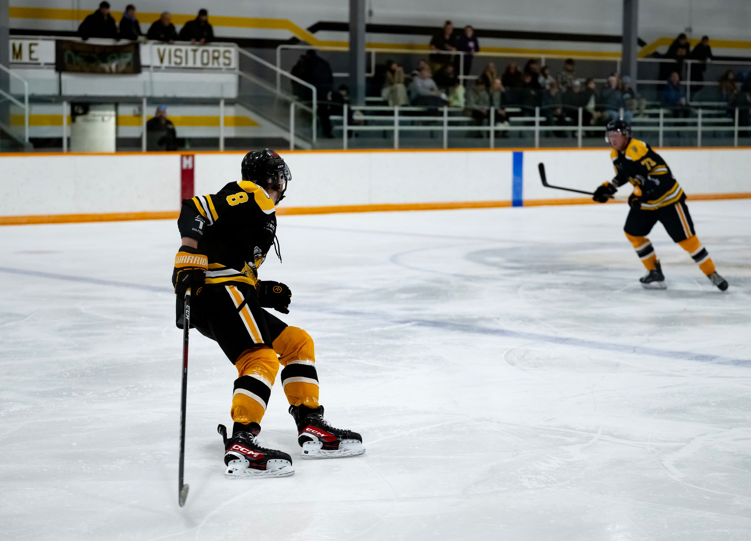 Hockey players in black and yellow uniforms skating on ice during a game at an indoor rink.