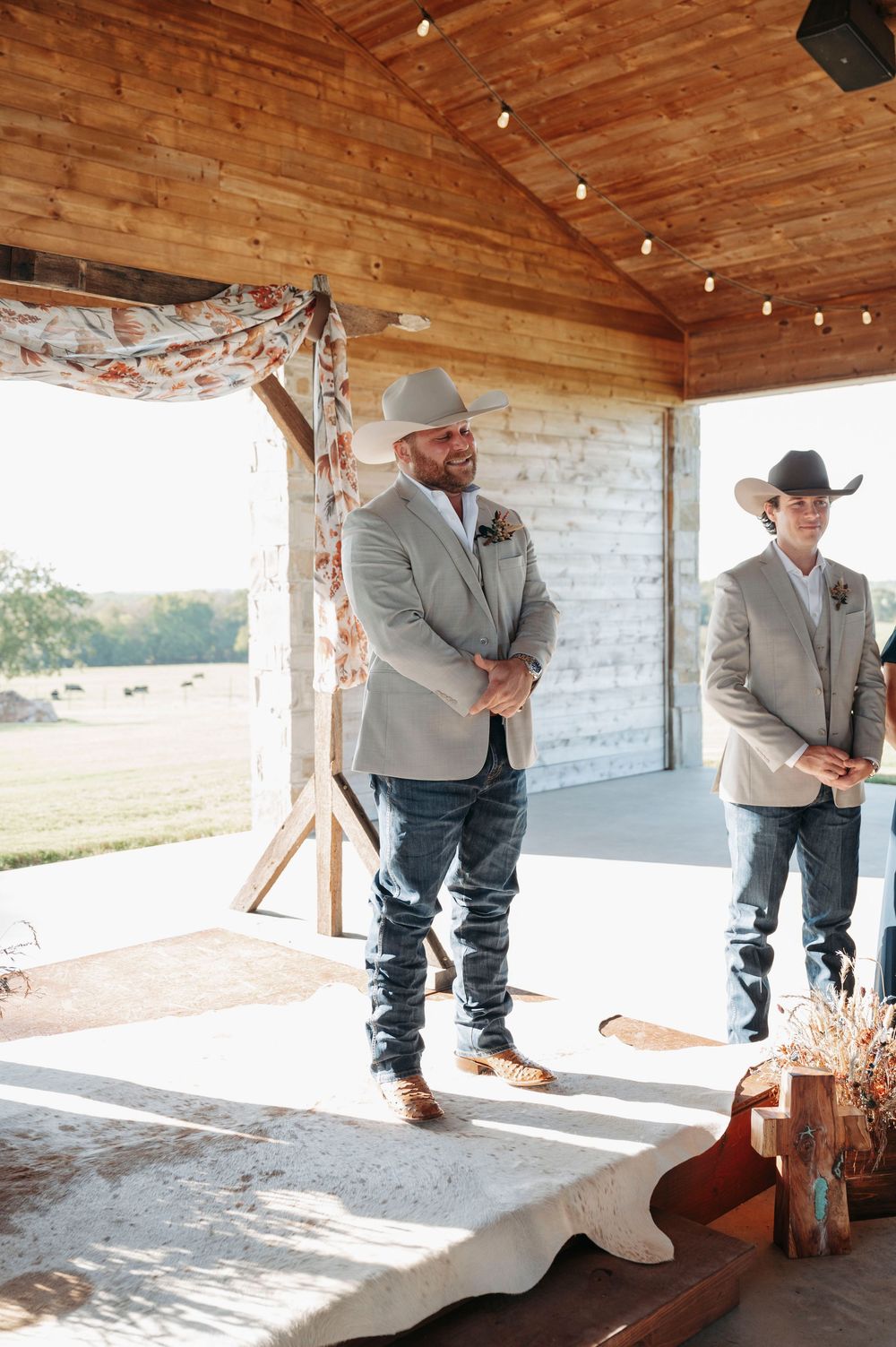 A series of romantic dance moves captured at a rustic wedding venue with wooden beams and natural lighting.