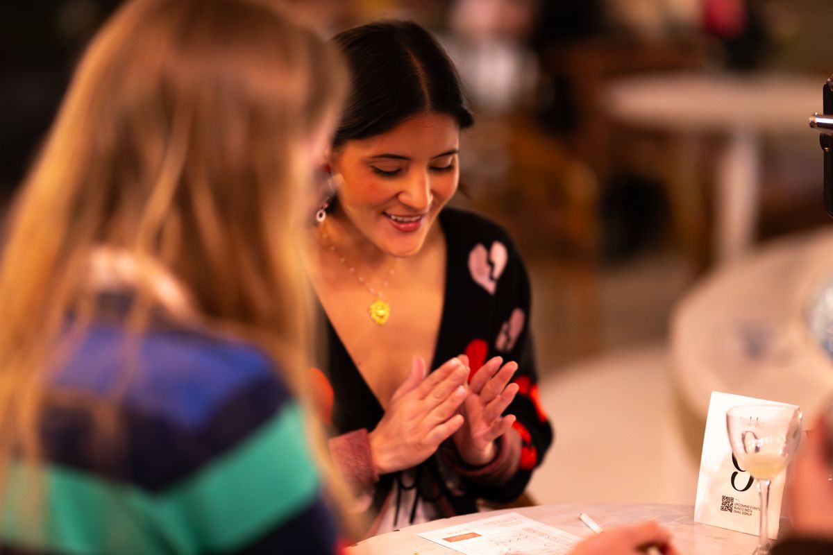 Sequence of candid photos showing people enjoying themselves at a social gathering in a warm indoor setting.