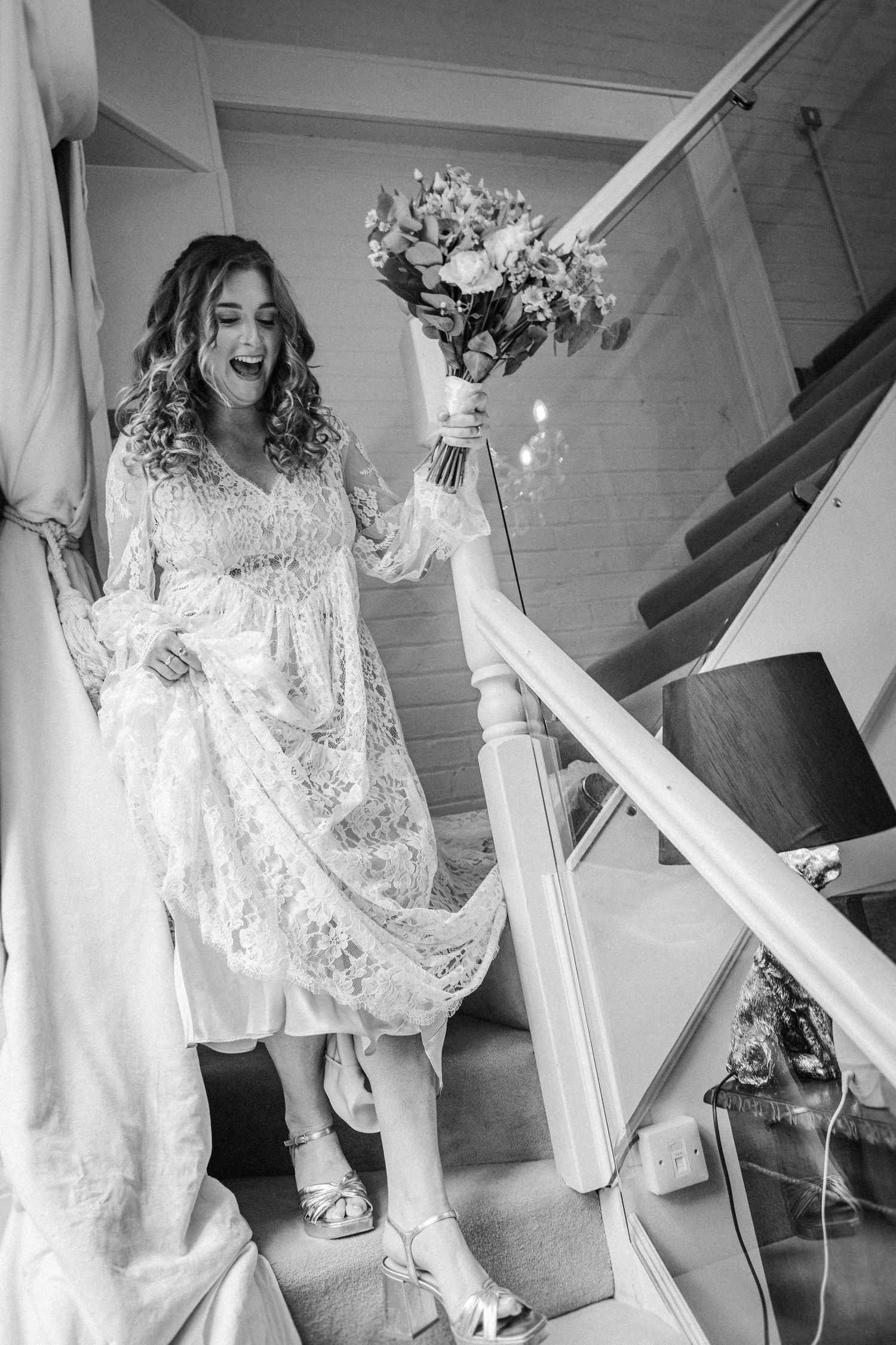 A sequence of wedding preparation photos showing joyful moments as someone gets ready in a white lace dress.