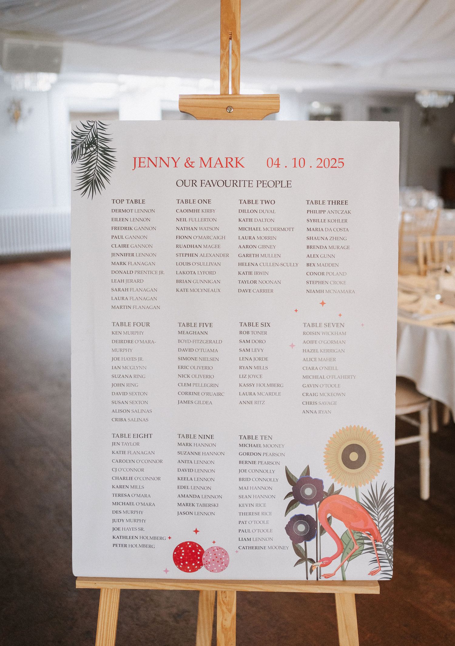 Wedding seating chart display with tropical floral design elements and guest names arranged on white paper against wooden easel.