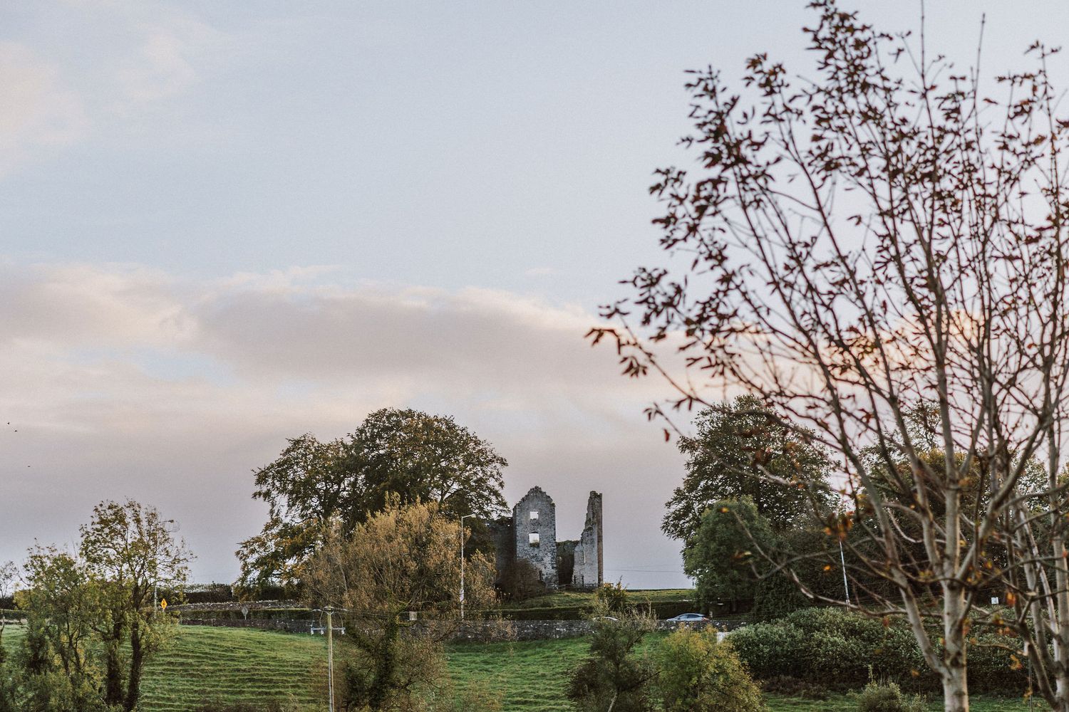 Scenic panoramic view of a rural landscape with autumn trees and a cloudy sky at sunset.
