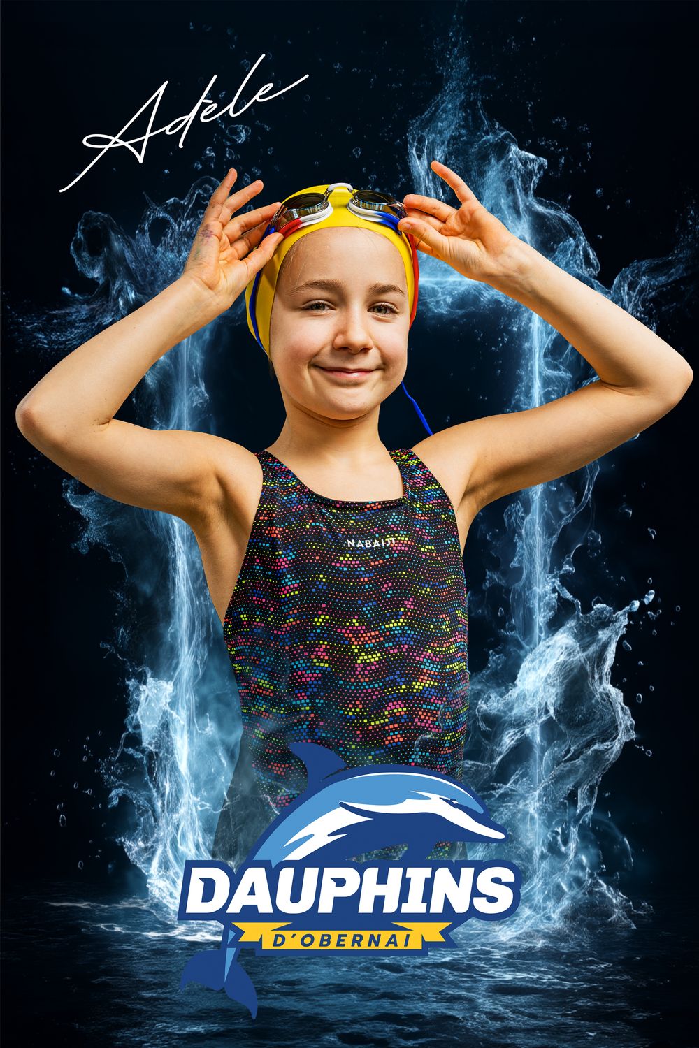 Young swimmer Adele poses in swimsuit with goggles for Dauphins d'Obernai swim club photo.