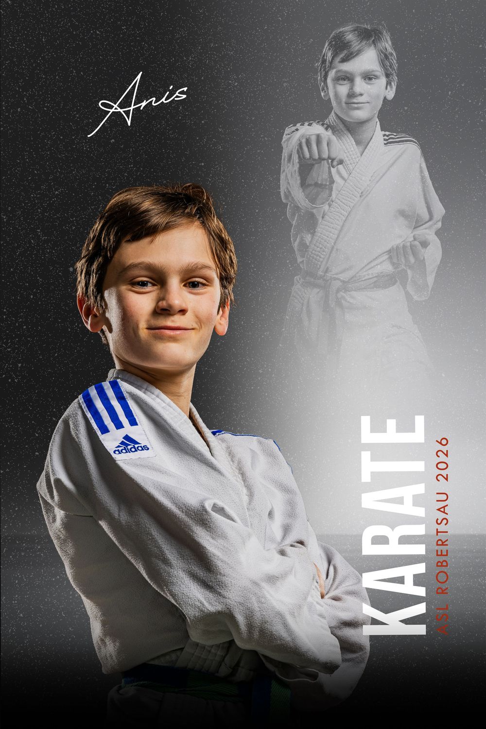 Young karate student Anis in white gi with arms crossed for Karate Robertsau 2026.