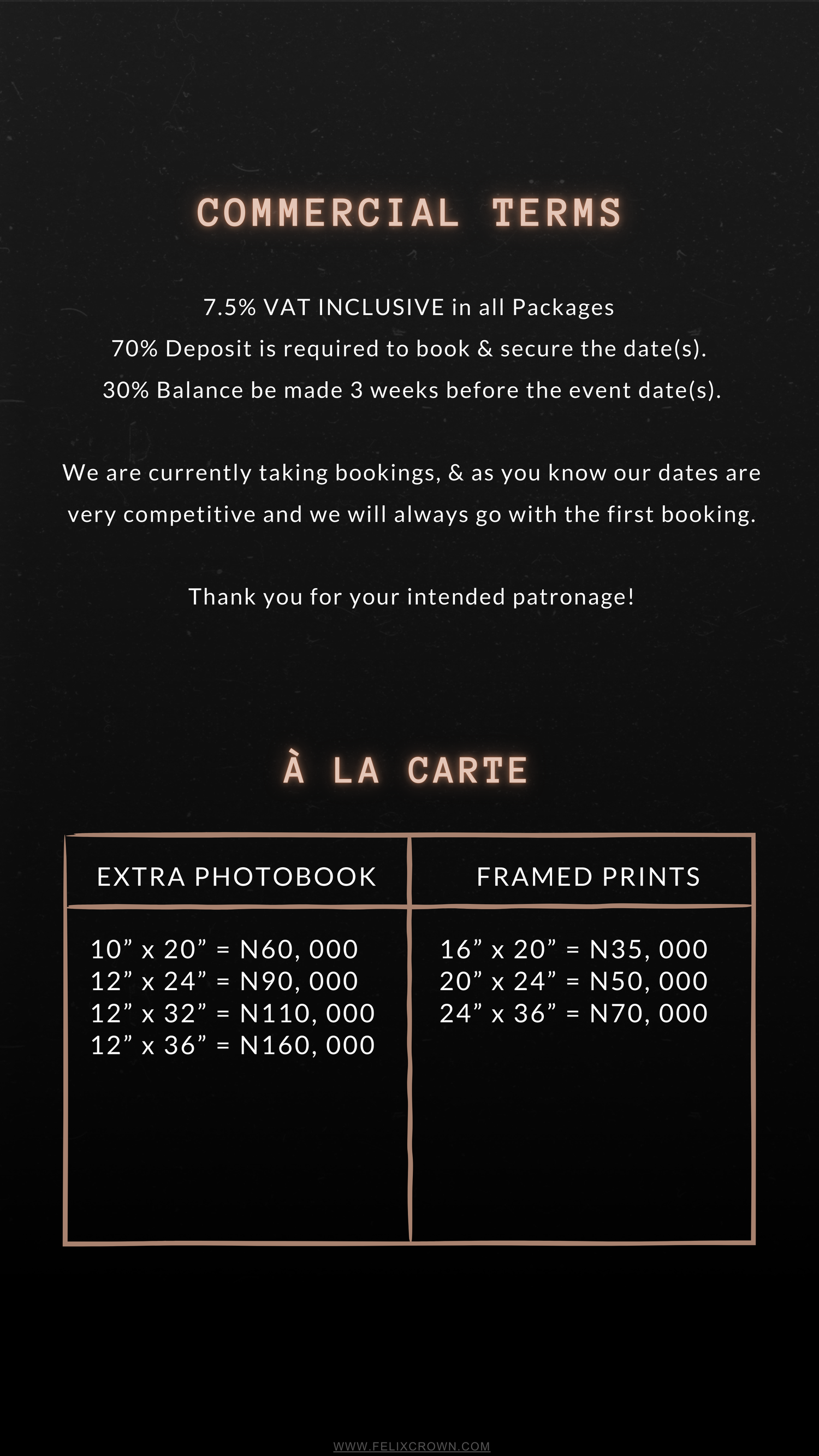 Wedding photography pricing menu showing Felix Crown Experience packages with rates and included services in white text on black.
