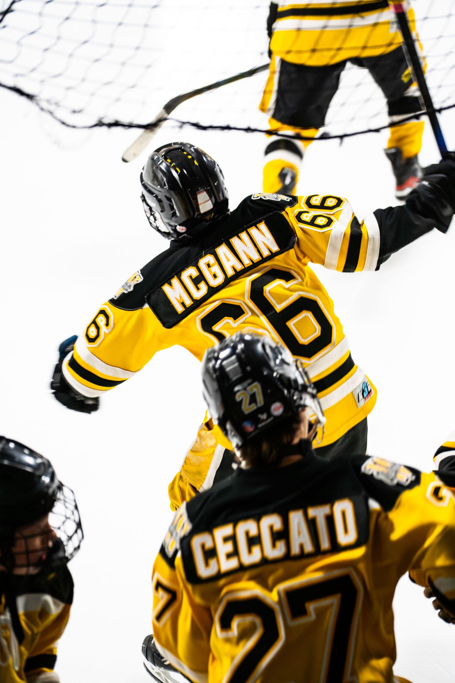 Hockey players in yellow jerseys numbered 66 and 27 during game action.