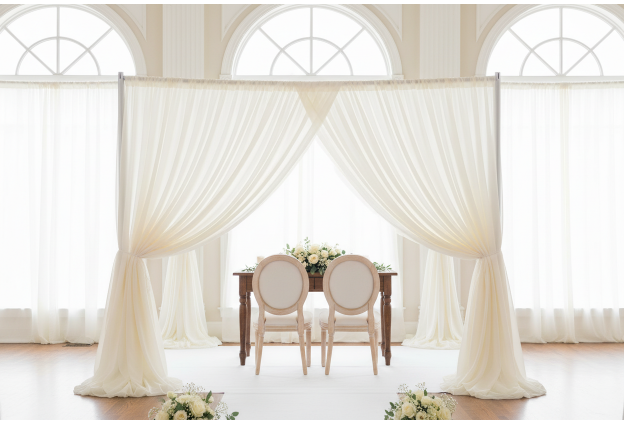 Elegant white drapes and curtains create a luxurious wedding ceremony backdrop with arched windows and floral arrangements.