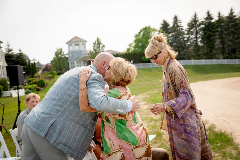 A sequence of photos showing seniors engaging in outdoor activities at a community garden or park setting.