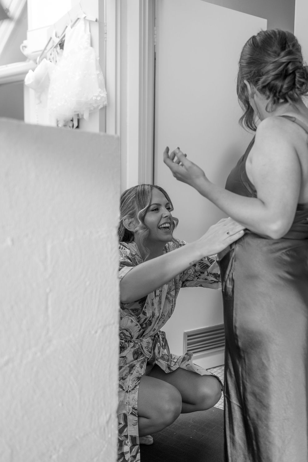 Black and white candid shots of wedding preparation moments.